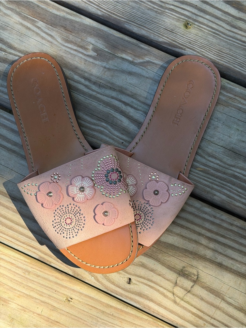 Coach Pink Floral Embellished Slide Sandals